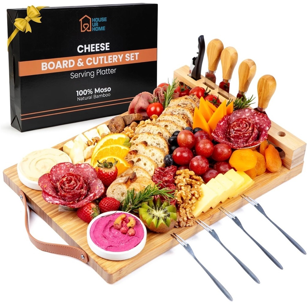 Bamboo Cheese Charcuterie Board,  Cutlery Set - Natural Wood